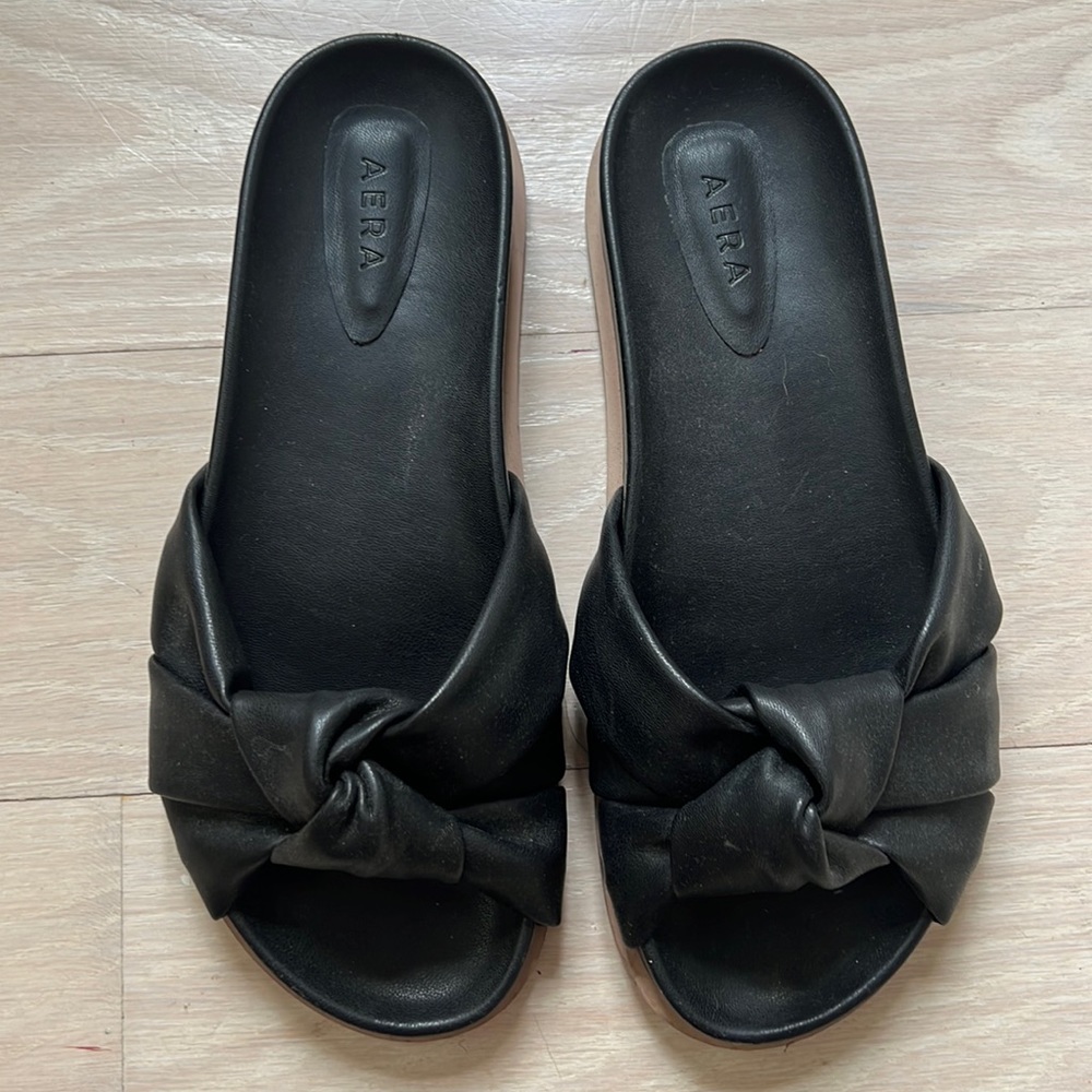 Black leather aera slides